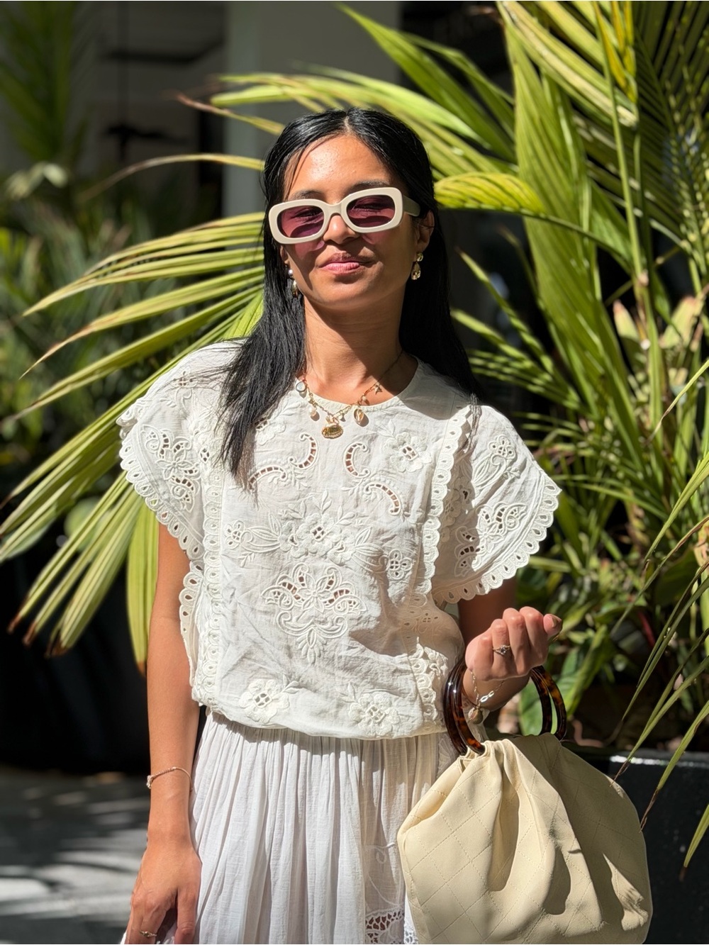 Sezane White Eyelet Scalloped Sleeve Blouse